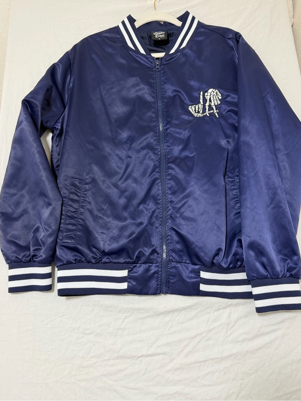 Original Deluxe Navy Satin-Look Bomber Jacket with White Stripe Trim